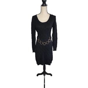 MILLY Black Merino Wool Cable Knit Belted Sweater Dress M Scoop Neck